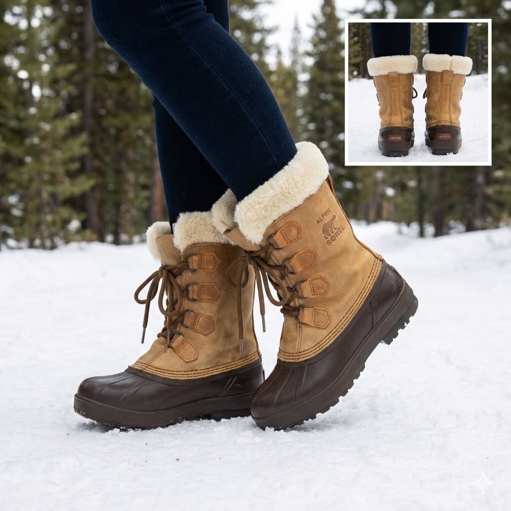 Sorel Alpine Vintage Women 6 Winter Boot Made in Canada Tan Brown Leather Rubber